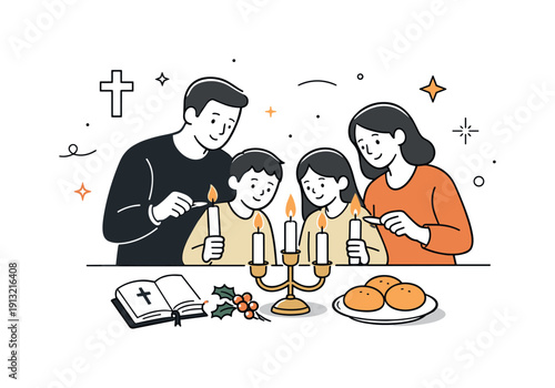 Christian holidays and their traditions. Family lighting candles together during a holiday celebration, calm and reverent atmosphere. Scene
