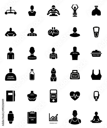 Fitness and health icon set with flat design elements