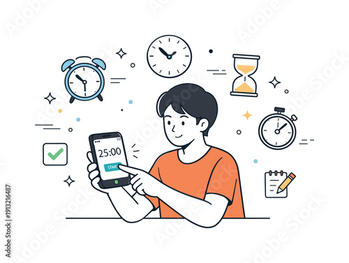 Setting a timer to stay on schedule. A person taps a timer app on a smartphone, preparing to focus on a task with calm intention. Time