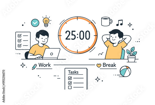 Pomodoro-style time management. A person alternates between work and short breaks, guided by a simple timer and checklist. Balanced rhythm,