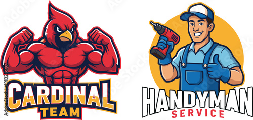Muscular red cardinal mascot and handyman with drill and thumbs up on white Keywords: cardinal, bird, mascot, team, strength