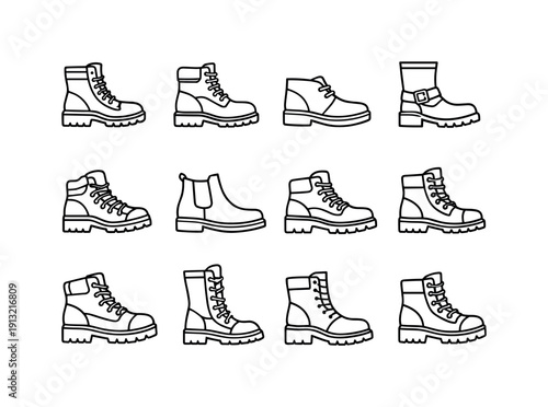 Men Boots. Line icon set of Men Boots: combat boots, work boots, desert boots, biker boots, hiking boots, Chelsea men boots, rugged sole,
