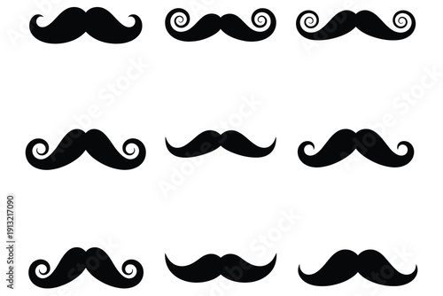 Nine black mustache icons with curled ends arranged in a three by three grid on a white background Keywords: mustache