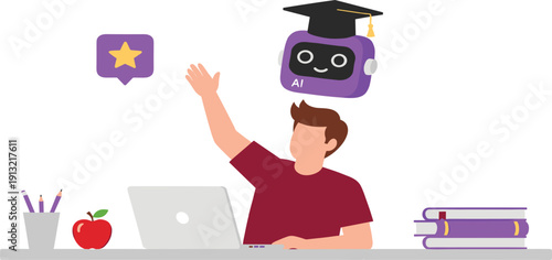 AI Learning Assistant Concept with Student Using Laptop, Smart Robot Tutor, Online Education Technology, and Digital Study Support Illustration
