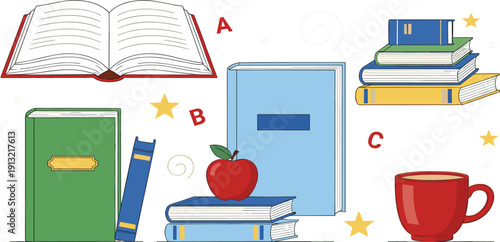 Academic Education Vector Set with Open Books, Stacks of Textbooks, Red Apple, Coffee Cup, and School Supplies for Learning and Literacy Graphic Design