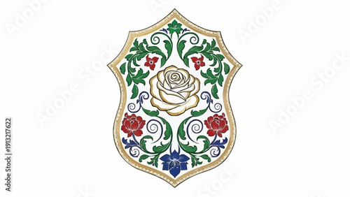 ornate floral crest with central rose and swirling vines.