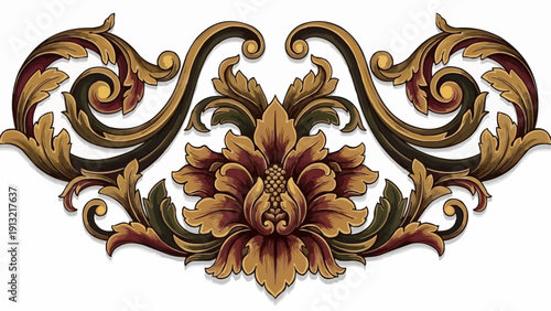 Ornate floral carved decorative element with antique finish.