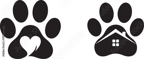 Solid black silhouette of animal paw prints with heart and house symbols, pet care concept.