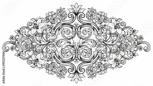 Ornate floral scrollwork design with intricate details and symmetrical patterns.