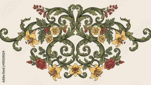 Ornate floral scrollwork with roses and lilies in vintage style.