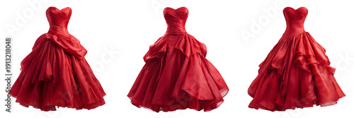 Set of Elegant holiday fashion portrait featuring a red evening gown with smooth flowing layers on transparent png background. Ai generated