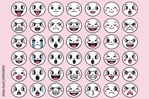 Set of round cartoon emoji faces with diverse emotions on pink background expressions