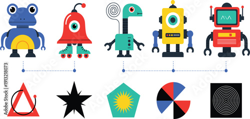 Cute Robot Character Evolution Set with Different Cartoon Bot Designs and Basic Shape Elements in Flat Vector Illustration
