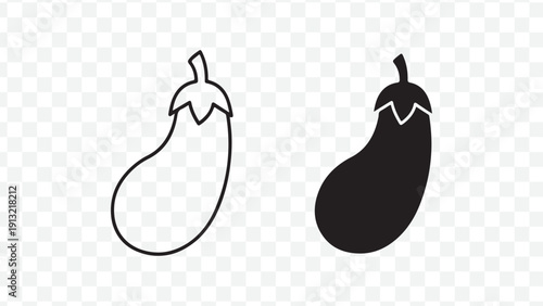 Black and white eggplant icons, vegetable symbols isolated on Transparent Background