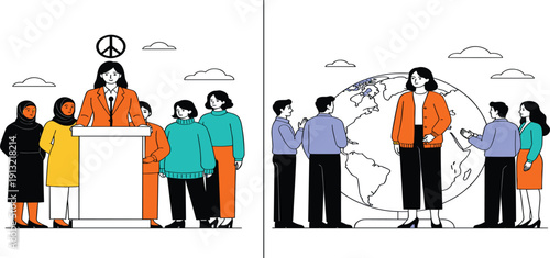 Female Leader Giving a Speech for Peace and Global Cooperation with Diverse Audience and Earth Globe Background in Modern Flat Line Illustration Style