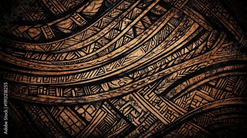 Intricate Maori Tribal Tattoo Pattern Carved into Aged Wood Texture