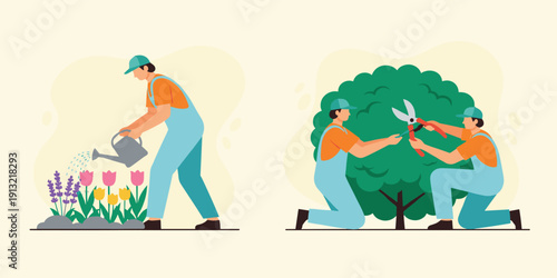 Gardeners Watering Flowers and Trimming Bushes in Outdoor Gardening Scene Flat Vector Illustration Set