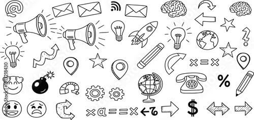 Hand Drawn Doodle Icon Set with Communication, Business, Education, Finance, and Idea Symbols in Black and White Outline Vector Style