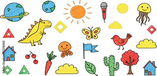Hand Drawn Crayon Doodle Vector Set with Cute Dinosaur Planet Earth Sun Butterfly House and Geometric Shapes for Kids Education and Nursery Activity Designs