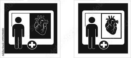 Medical Heart Examination Icon Set with Patient Silhouette, Anatomy Illustration, and Healthcare Diagnostic Symbol in Black and White Design