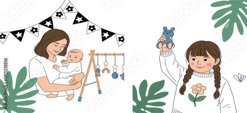 Mother Cuddling Newborn Baby and Young Girl Playing with Toy in Minimalist Flat Illustration Style with Monstera Leaves and Bunting for Parenting Content