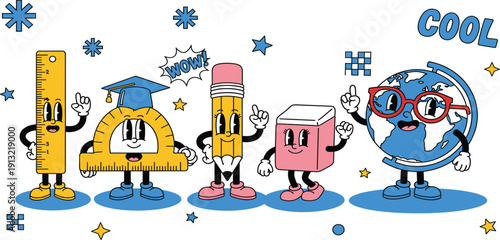 Retro Vintage Cartoon School Supply Character Set with Ruler Protractor Pencil Eraser and Globe Mascots in 1930s Rubber Hose Animation Style for Creative Education Designs