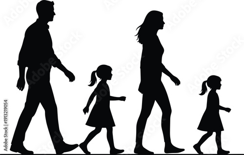 Silhouette of a family walking together, father mother and two daughters on white Keywords: family, silhouette, walking, father