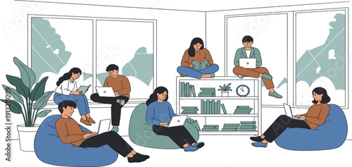 Students Studying Together in Modern Library Interior with Laptops, Bookshelf, Bean Bags, and Large Windows Flat Vector Illustration