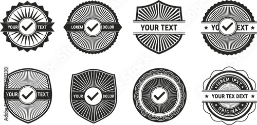 Vintage Retro Badge and Label Collection with Sunburst Patterns, Check Mark Symbols, Premium Quality Emblems and Classic Vector Logo Templates