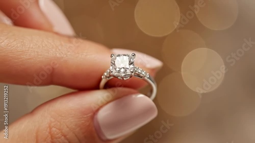 A close-up shot of a hand holding a sparkling diamond ring