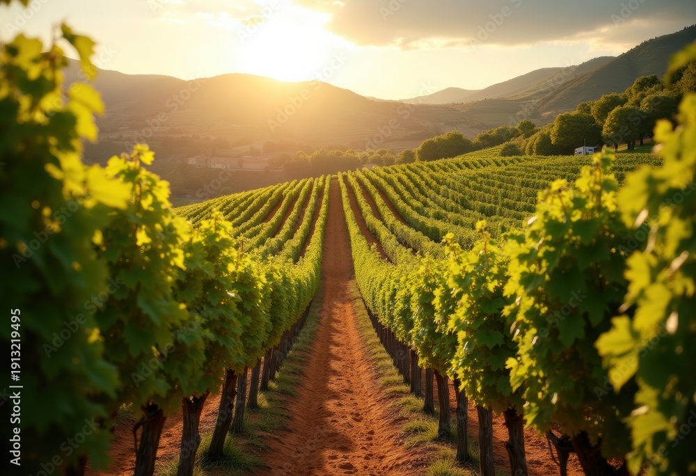 Naklejka premium Picturesque Vineyard Rows Sunlit Hillside Grape Vines Vineyard Voyage Pure Grapes