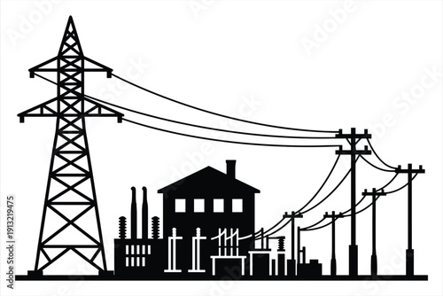 Silhouette of industrial power station with factory, house, and transmission tower Keywords: silhouette, industrial, power