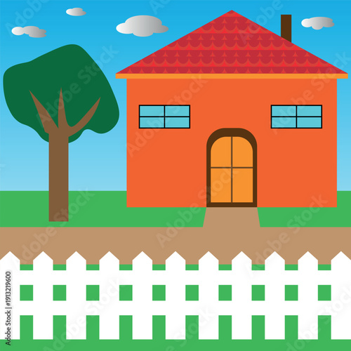 house and tree. Vibrant Orange House with Red Roof and White Picket Fence, and bleu sky with clouds. vector illustration.