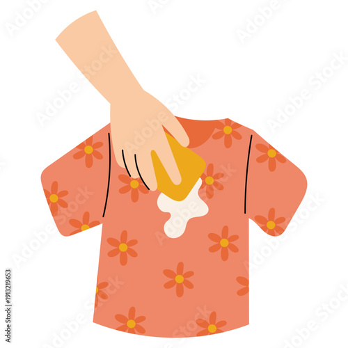 Stain Removal on Shirt Flat Illustration. Laundry Cleaning Concept. Removing Clothes Stains with Sponge. Flat illustration of removing stain from shirt using sponge.