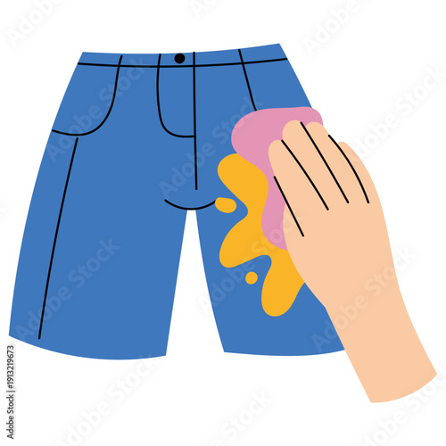 Flat illustration of cleaning stain from jeans with sponge. Laundry routine concept, household cleaning process, fabric care and detergent usage. Laundry Cleaning Concept