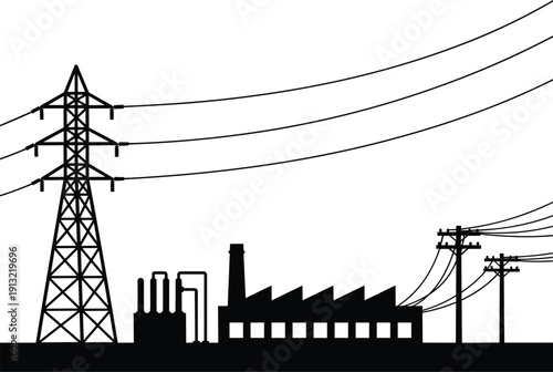Silhouette of industrial power lines and factory with transmission tower and poles Keywords: silhouette, industrial, power lines