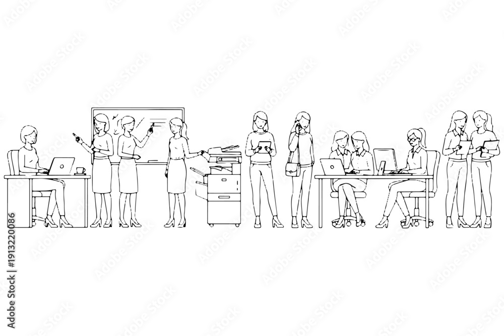 Naklejka premium Businesswomen at Work Vector – Laptop, Computer, Monitor Doodle Set
