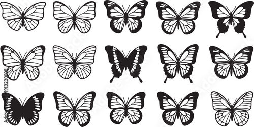A collection of twelve unique butterfly illustrations in black and white