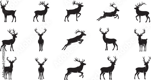 A collection of various deer and reindeer silhouettes in different poses