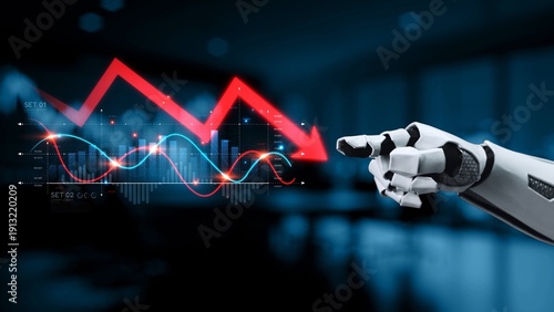 A futuristic robotic hand interacts with declining financial graphs and data visualizations, capturing the essence of technology-driven financial analysis in a business setting. Synapse