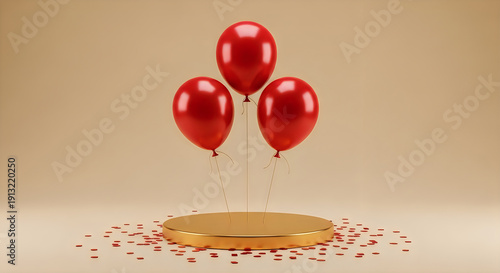 Wallpaper Mural Celebration scene with red balloons and gold platform on beige background with confetti Torontodigital.ca