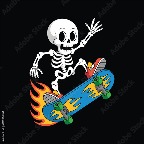 Skateboard Skeleton's Skateboarding Stunt: An energetic skeleton, with an adventurous spirit, executes a daring skateboarding maneuver on a vibrantly colored skateboard.
