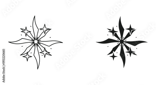 Snowflake and star burst shapes black and white vector illustration flat design
