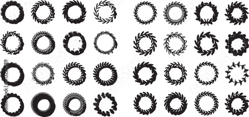 Black and white circular wreath patterns with various leaf