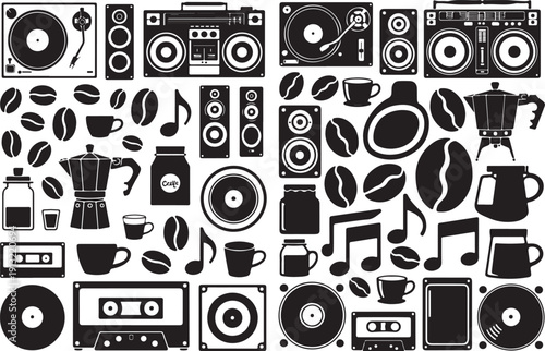 Black and white coffee and music equipment beans