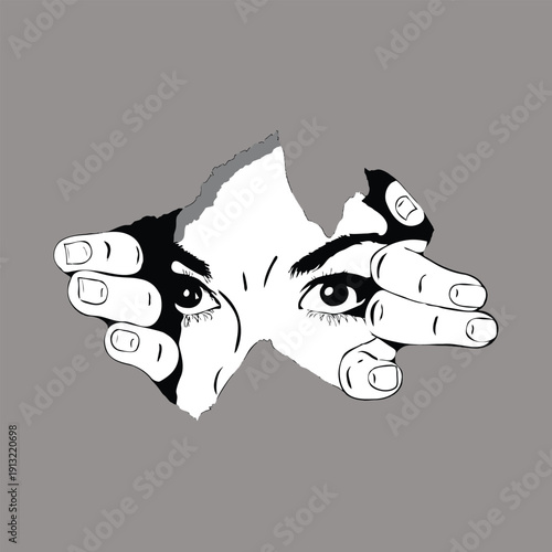 Vision Unveiled: Peering through a torn surface, eyes of curiosity meet the gaze of the viewer, inviting introspection and a deeper connection. 