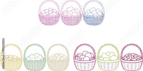 Colorful Easter baskets with eggs and bunnies