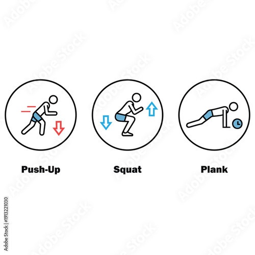 Fitness icons demonstrating push-up, squat, and plank exercises with arrows indicating movement for a workout routine