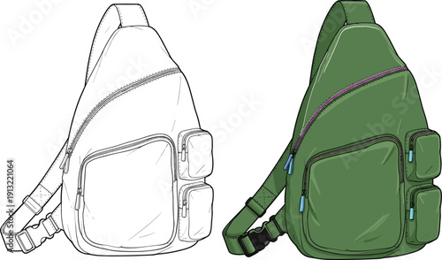 White Sling Backpack Sketch Next to a Green Sling Backpack with Colored Zippers Keywords: sling bag, backpack, sketch, drawing