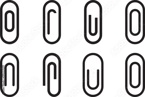 Set of Paper Clip Icons and Document Attachment Symbols in Outline Style. vector